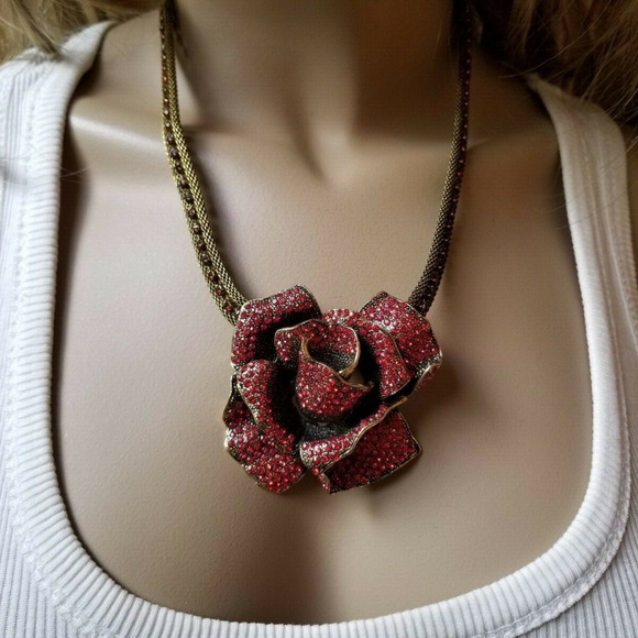 large red rhinestone pave rose flower necklace - Picture 5 of 8